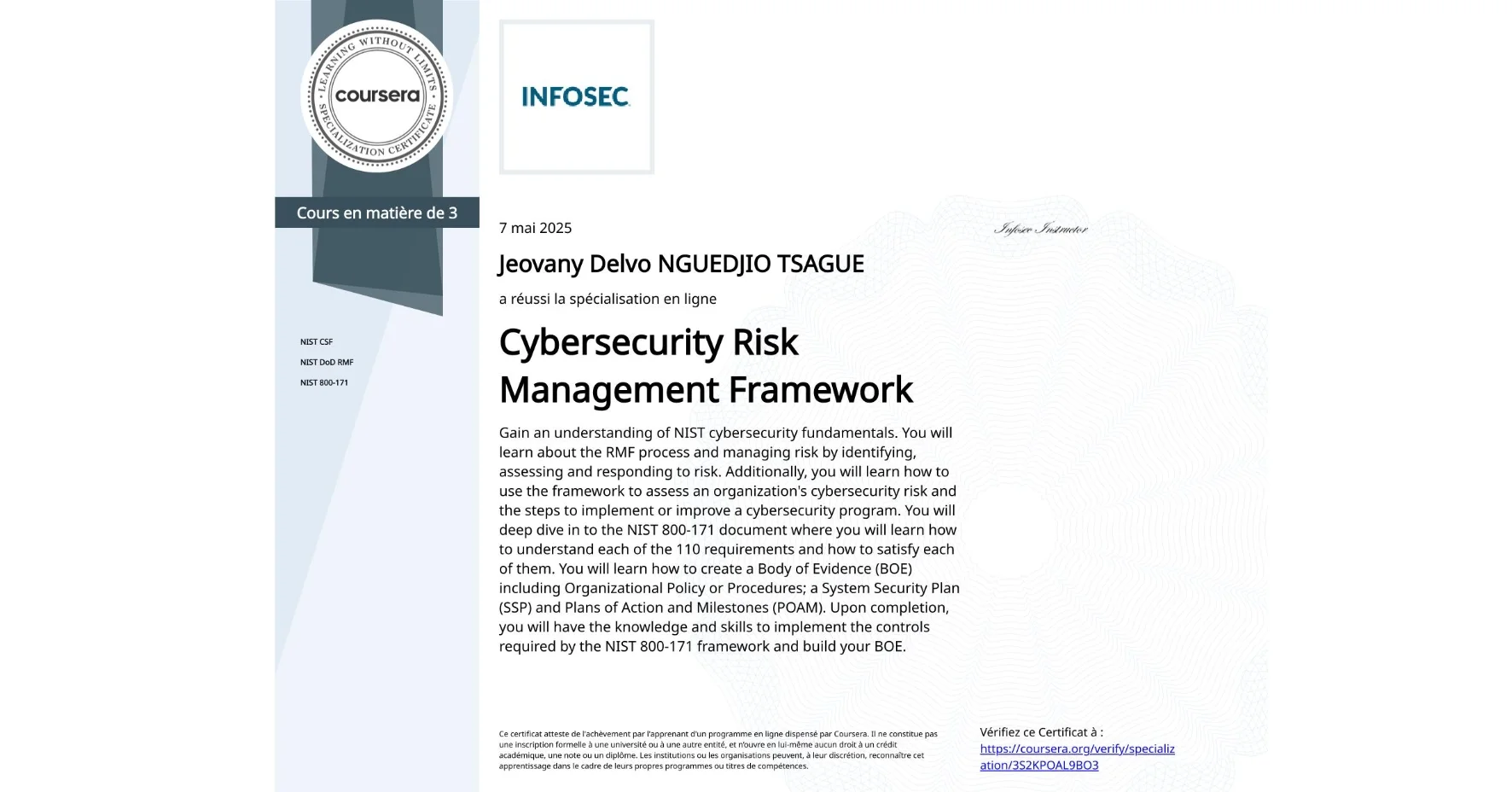Certificat : Cybersecurity Risk Management Framework