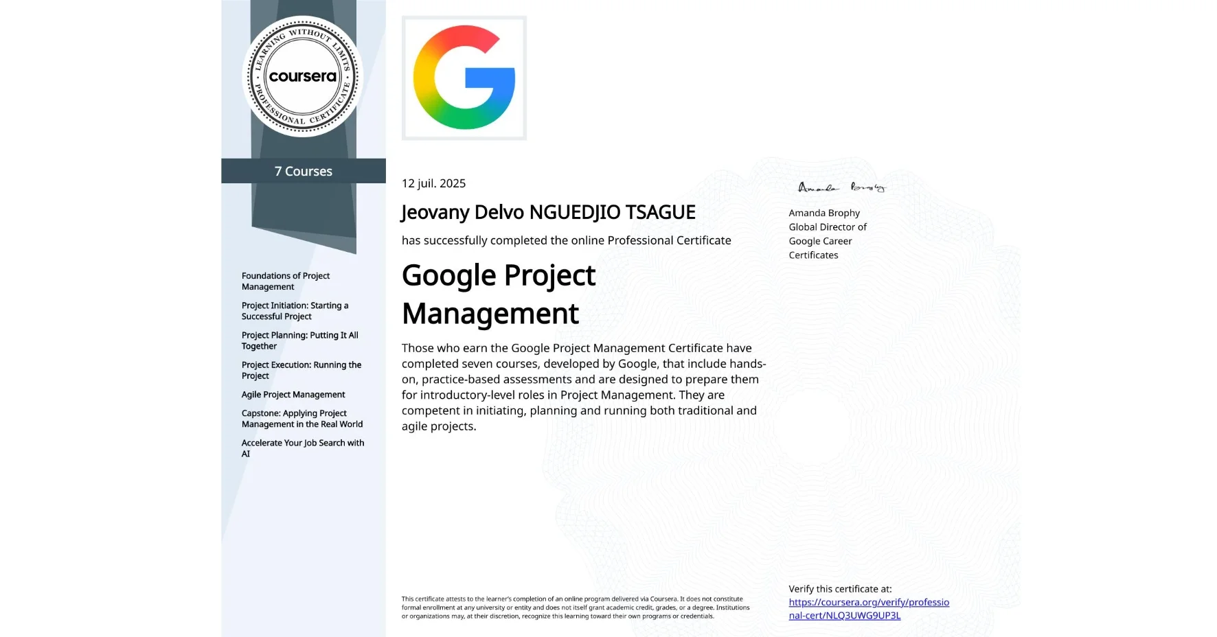 Certificat : Google Project Management Professional Certificate