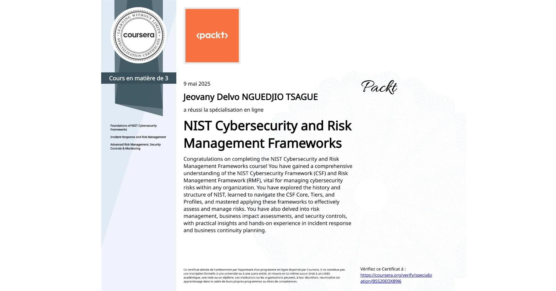 Certificat : NIST Cybersecurity and Risk Management Frameworks